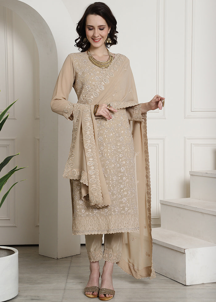 3 Pc Beige Unstitched Georgette Suit Set