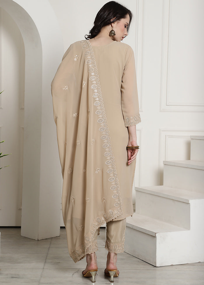 3 Pc Beige Unstitched Georgette Suit Set