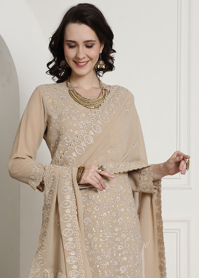 3 Pc Beige Unstitched Georgette Suit Set