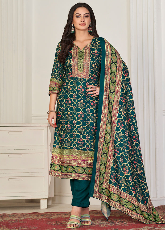 3 Pc Teal Unstitched Pashmina Suit Set