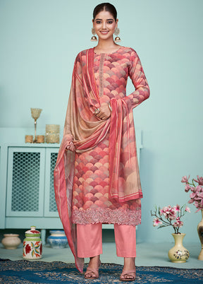 3 Pc Peach Unstitched Silk Suit Set