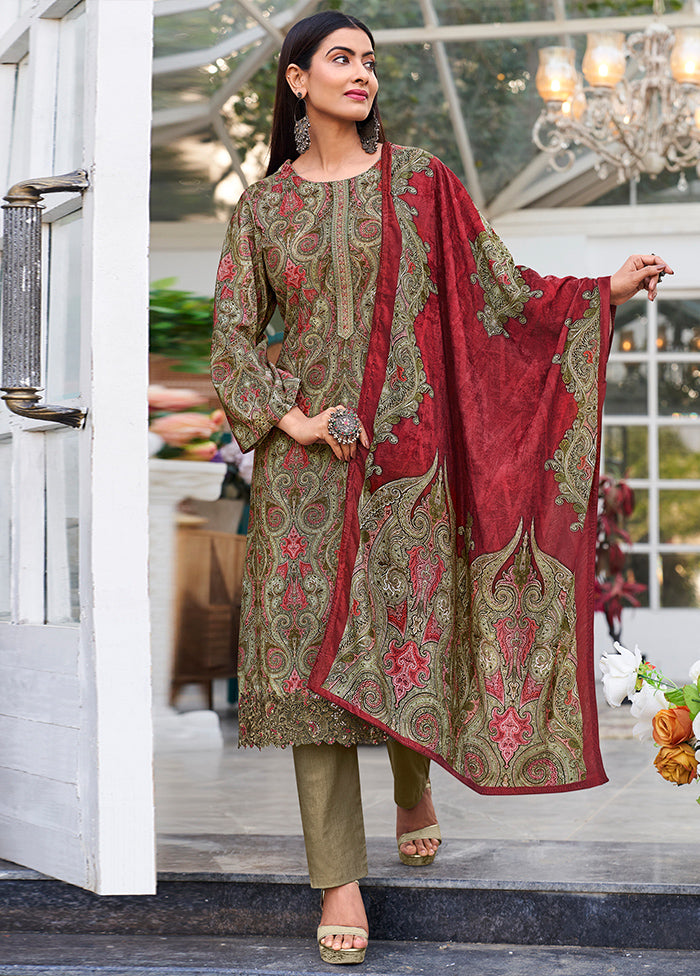 3 Pc Green Unstitched Pashmina Suit Set