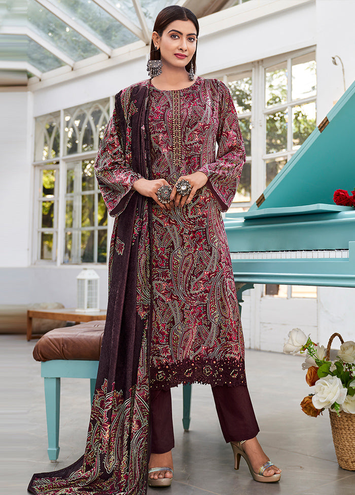 3 Pc Wine Unstitched Velvet Suit Set