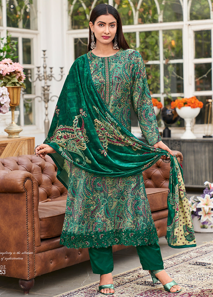 3 Pc Green Unstitched Pashmina Suit Set