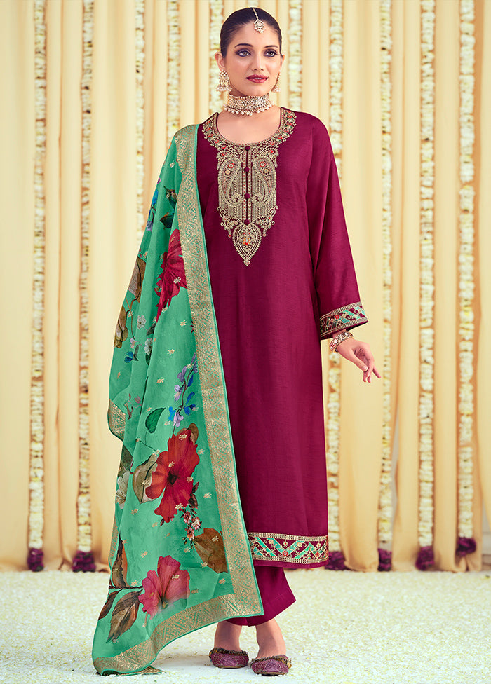 3 Pc Magenta Unstitched Pure Silk Suit Set