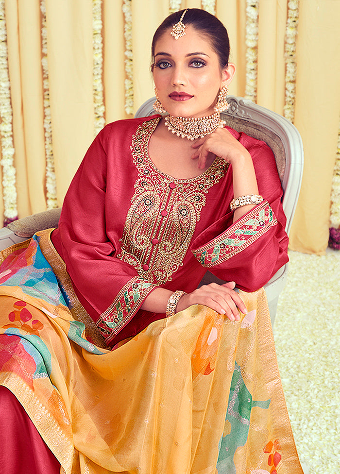 3 Pc Coral Unstitched Pure Silk Suit Set