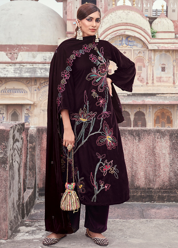 3 Pc Maroon Unstitched Velvet Suit Set - Indian Silk House Agencies