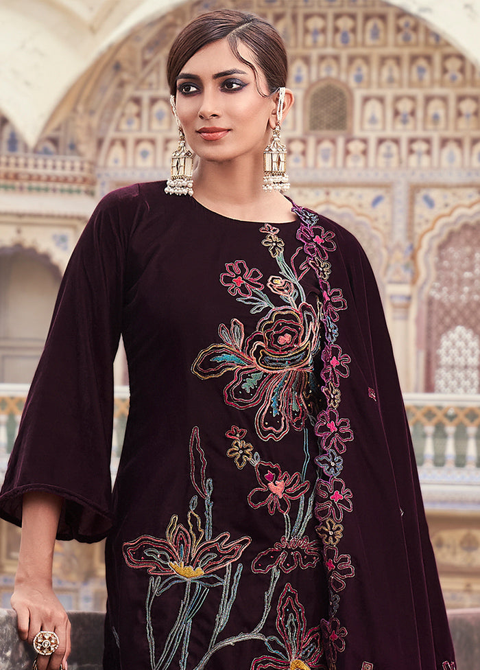 3 Pc Maroon Unstitched Velvet Suit Set - Indian Silk House Agencies