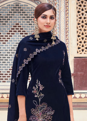 3 Pc Blue Unstitched Velvet Suit Set - Indian Silk House Agencies