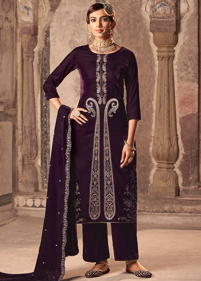 3 Pc Maroon Unstitched Velvet Suit Set - Indian Silk House Agencies