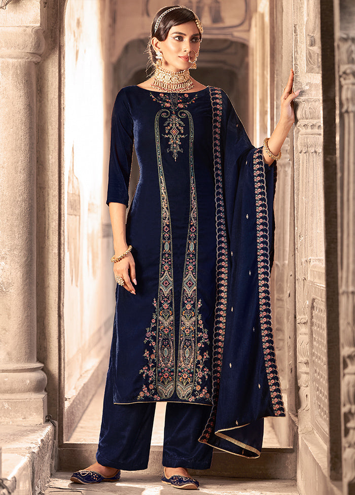 3 Pc Navy Blue Unstitched Velvet Suit Set