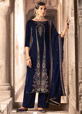 3 Pc Navy Blue Unstitched Velvet Suit Set