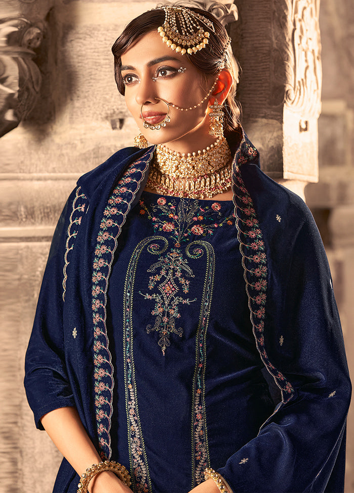 3 Pc Navy Blue Unstitched Velvet Suit Set