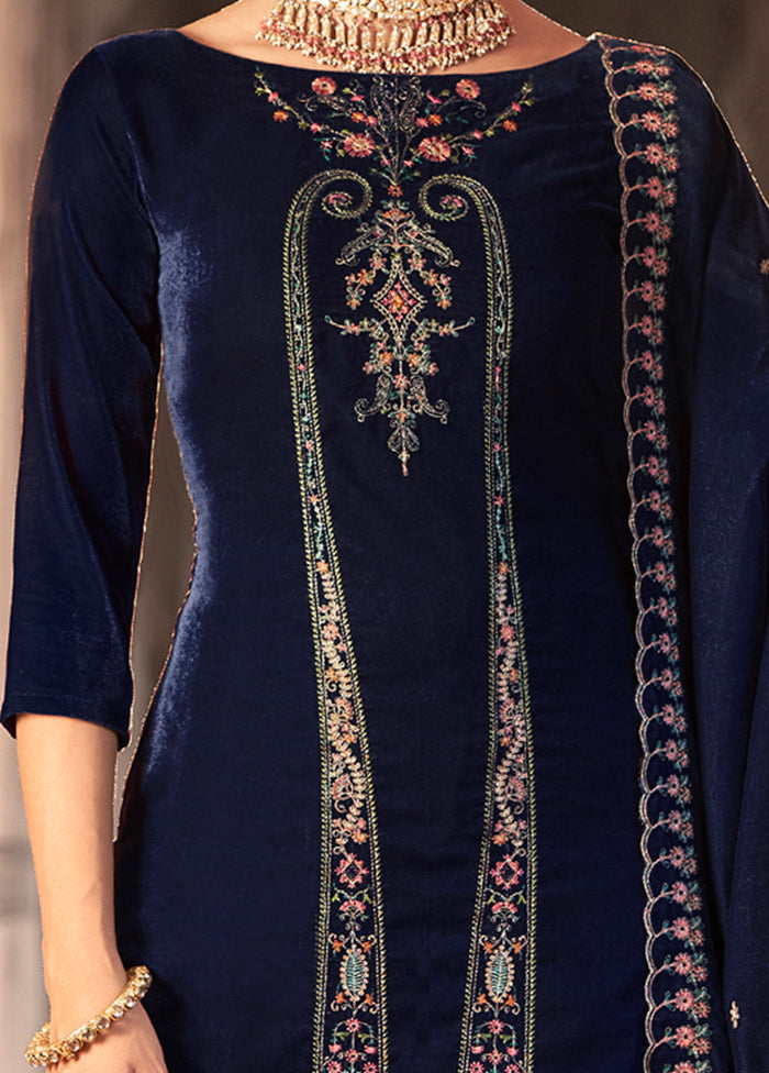 3 Pc Navy Blue Unstitched Velvet Suit Set