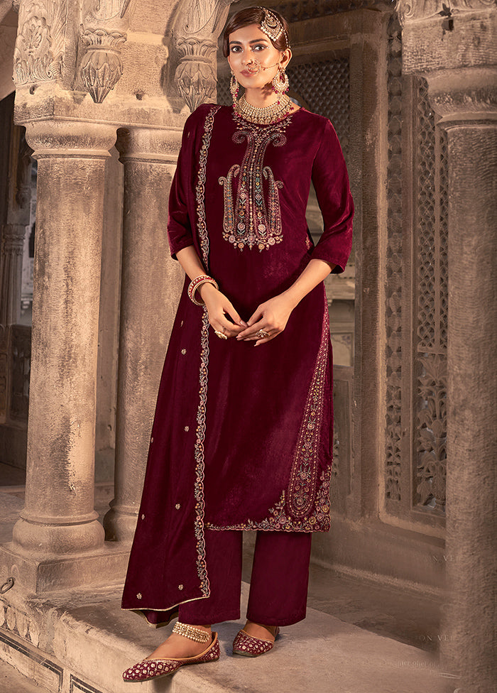 3 Pc Maroon Unstitched Velvet Suit Set