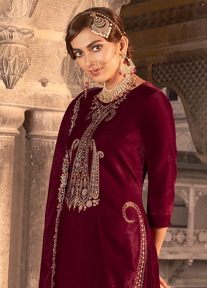 3 Pc Maroon Unstitched Velvet Suit Set - Indian Silk House Agencies