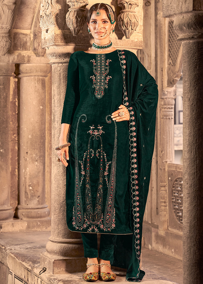 3 Pc Green Unstitched Velvet Suit Set - Indian Silk House Agencies