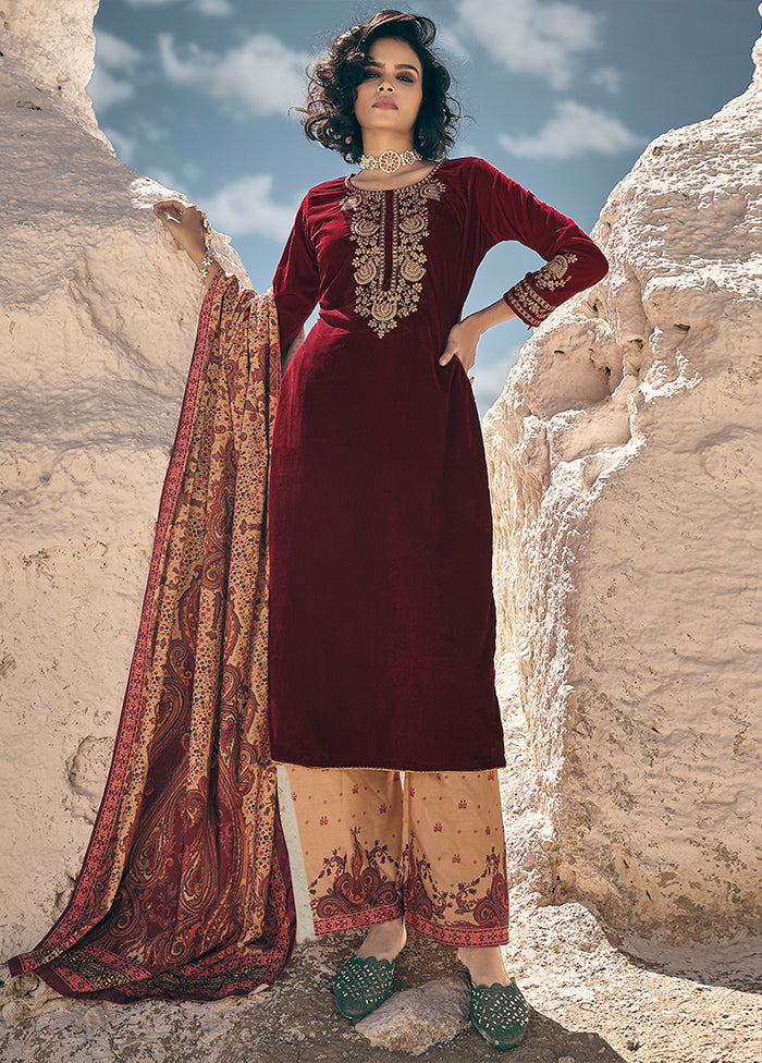 3 Pc Maroon Unstitched Pashmina Suit Set