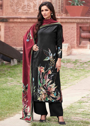 3 Pc Black Unstitched Pashmina Suit Set