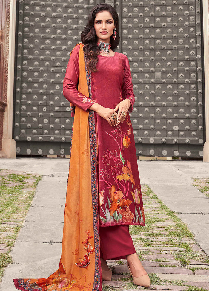 3 Pc Red Unstitched Velvet Suit Set