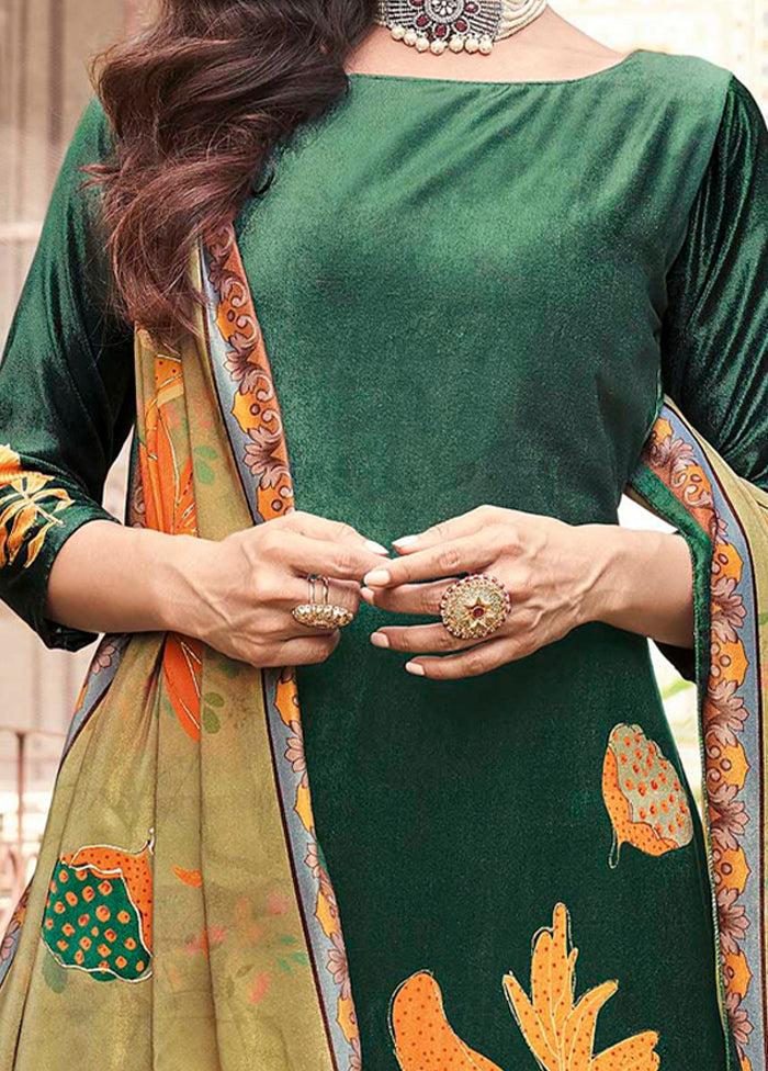 3 Pc Green Unstitched Pashmina Suit Set