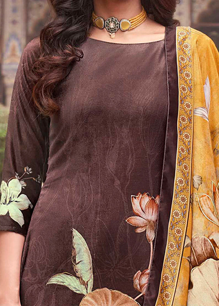 3 Pc Brown Unstitched Pashmina Suit Set