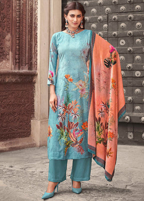 3 Pc Sky Blue Unstitched Velvet Suit Set