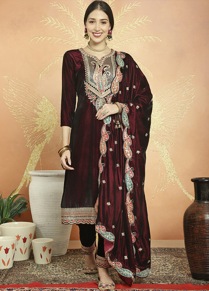 3 Pc Maroon Unstitched Velvet Suit Set