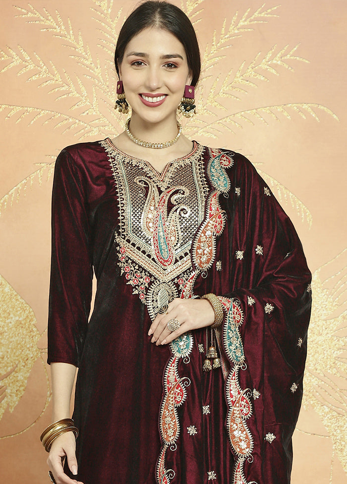 3 Pc Maroon Unstitched Velvet Suit Set