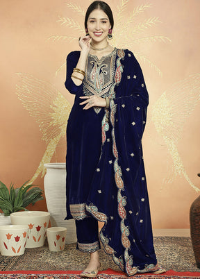 3 Pc Blue Unstitched Velvet Suit Set