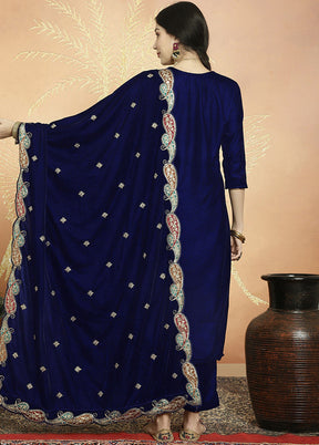 3 Pc Navy Blue Unstitched Velvet Suit Set