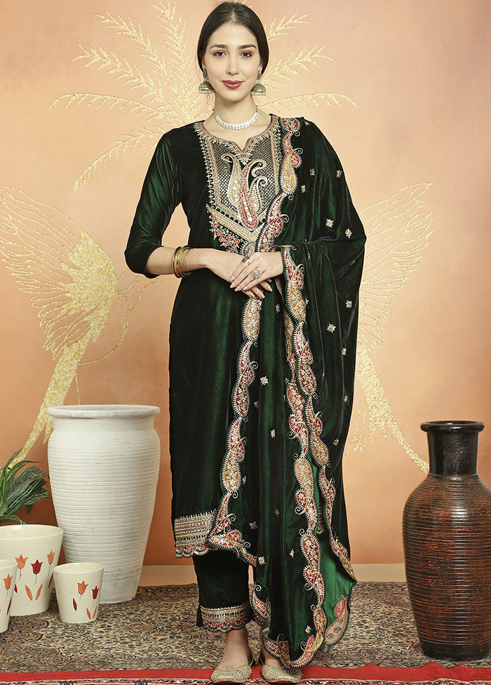 3 Pc Green Unstitched Velvet Suit Set - Indian Silk House Agencies