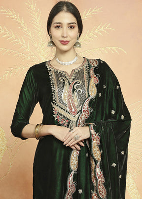 3 Pc Green Unstitched Velvet Suit Set - Indian Silk House Agencies