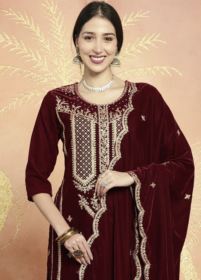 3 Pc Maroon Unstitched Velvet Suit Set