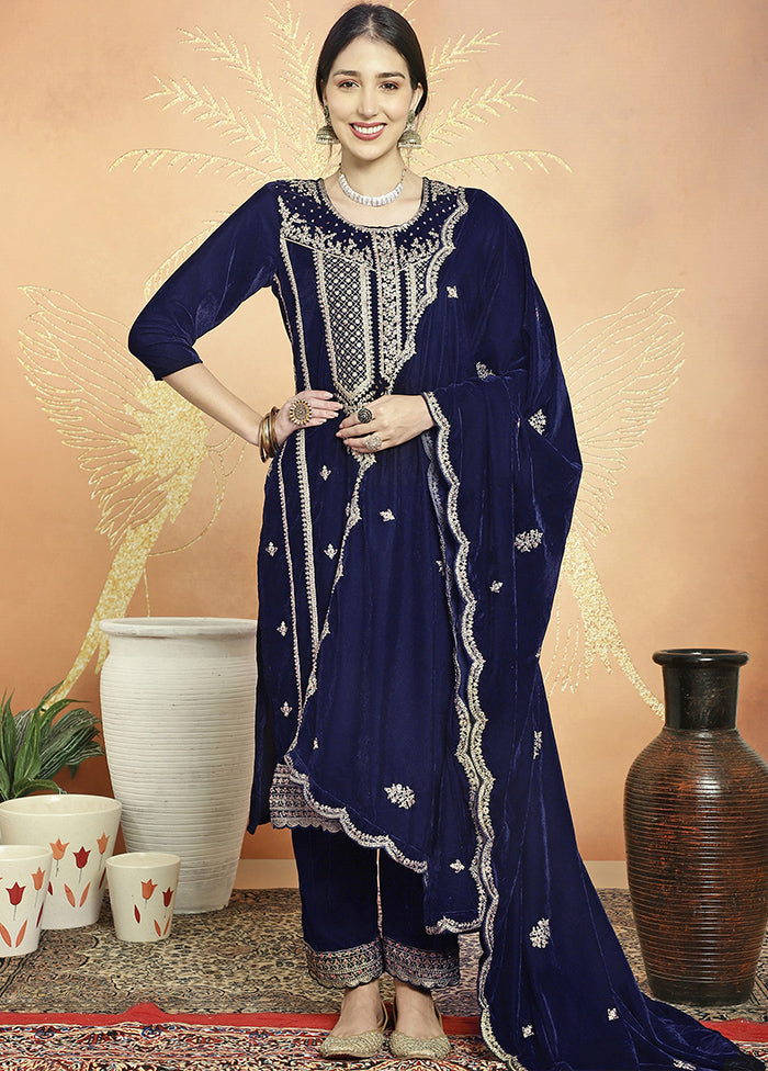 3 Pc Blue Unstitched Velvet Suit Set - Indian Silk House Agencies