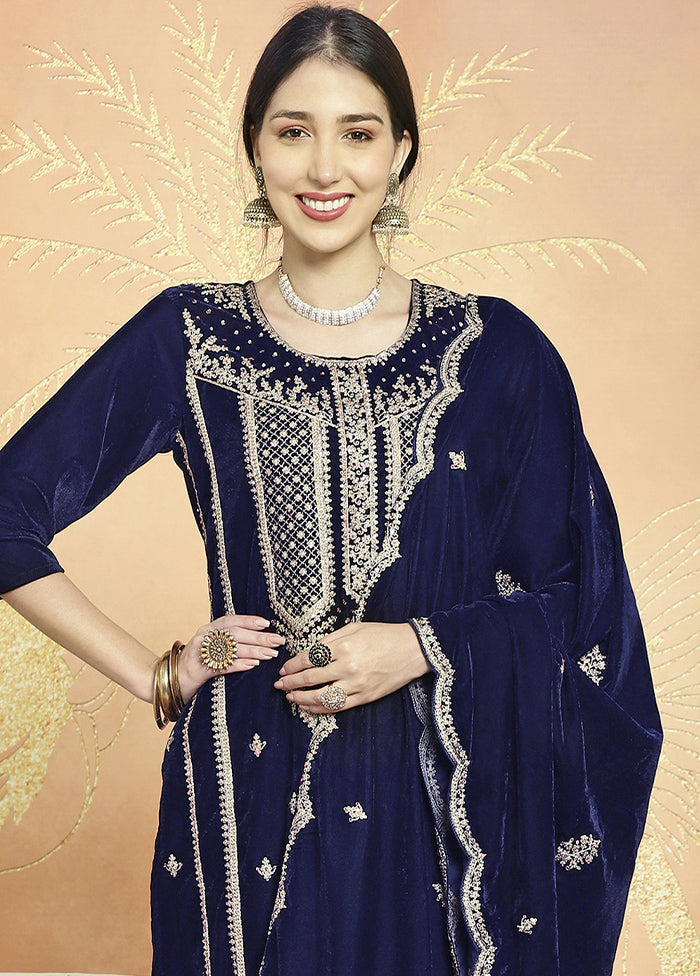 3 Pc Navy Blue Unstitched Velvet Suit Set