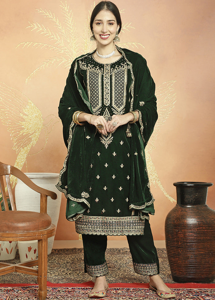 3 Pc Green Unstitched Velvet Suit Set - Indian Silk House Agencies