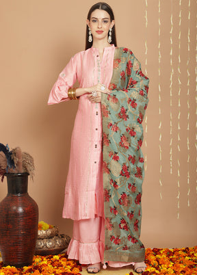 3 Pc Peach Unstitched Silk Suit Set