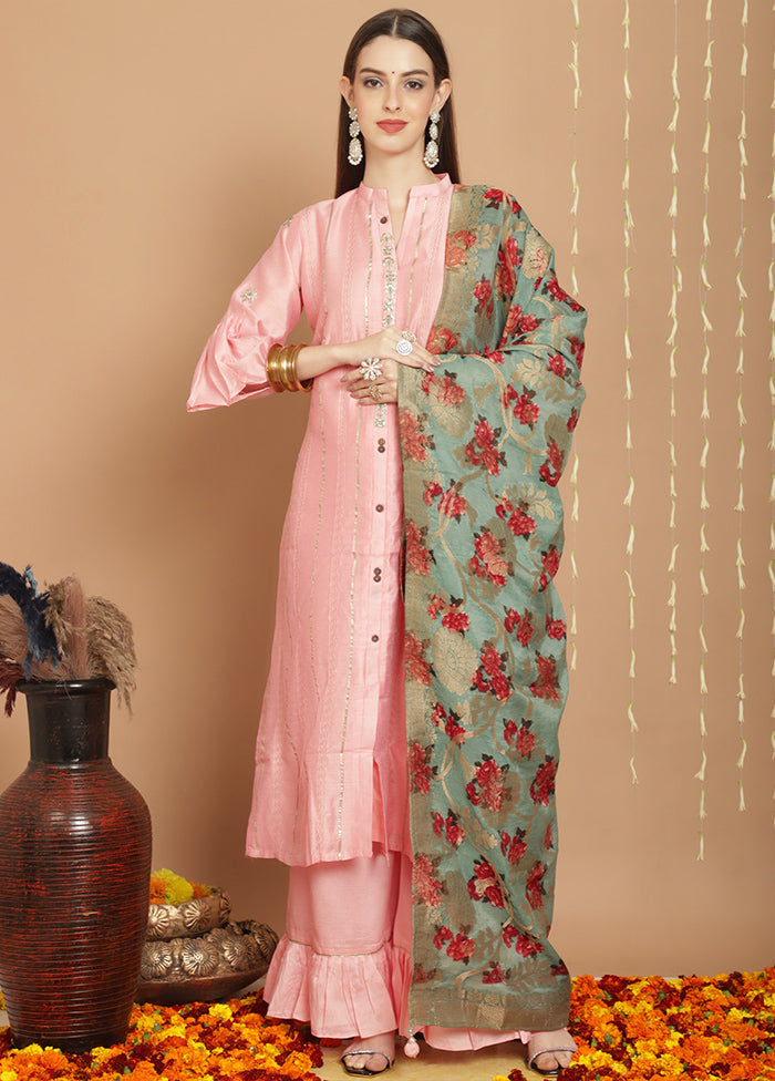 3 Pc Peach Unstitched Chanderi Suit Set