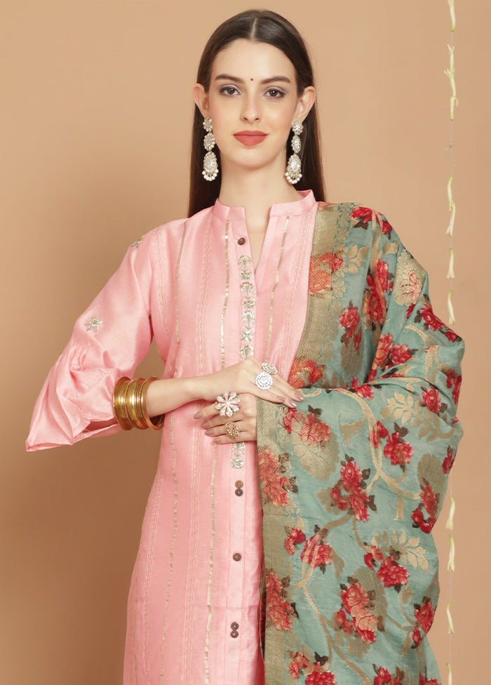 3 Pc Peach Unstitched Silk Suit Set