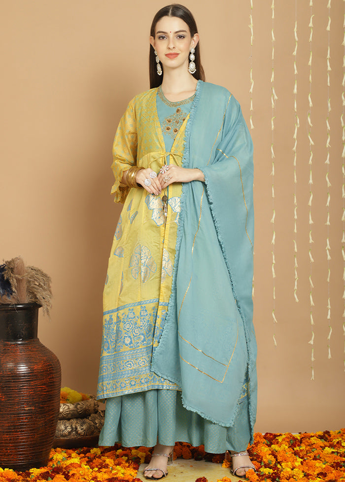 3 Pc Yellow Unstitched Cotton Suit Set