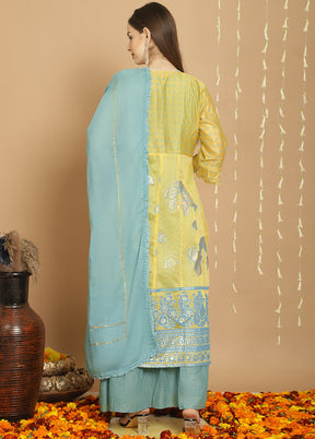 3 Pc Yellow Unstitched Chanderi Suit Set