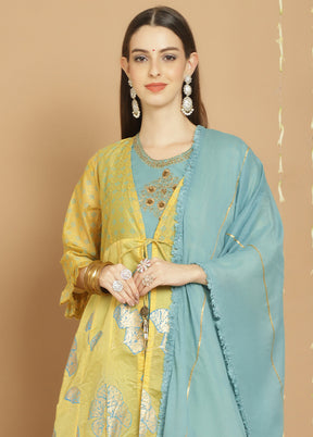 3 Pc Yellow Unstitched Cotton Suit Set