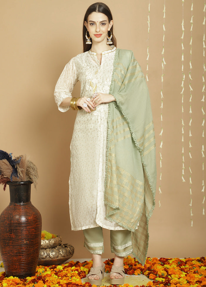 3 Pc Off White Unstitched Chanderi Suit Set