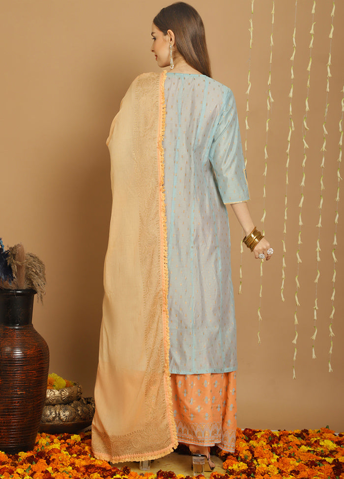 3 Pc Turquoise Unstitched Chanderi Suit Set