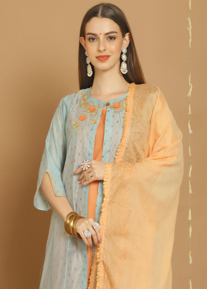 3 Pc Turquoise Unstitched Chanderi Suit Set