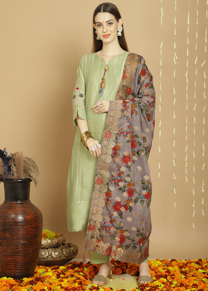 3 Pc Green Unstitched Silk Suit Set