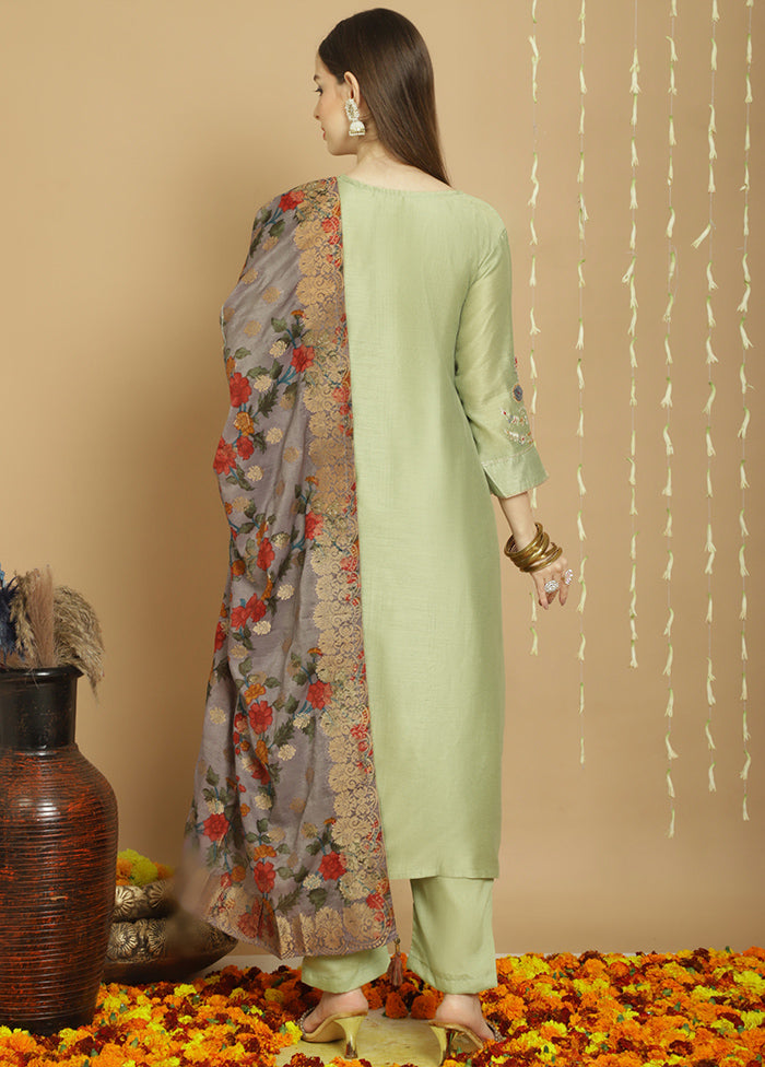 3 Pc Green Unstitched Silk Suit Set