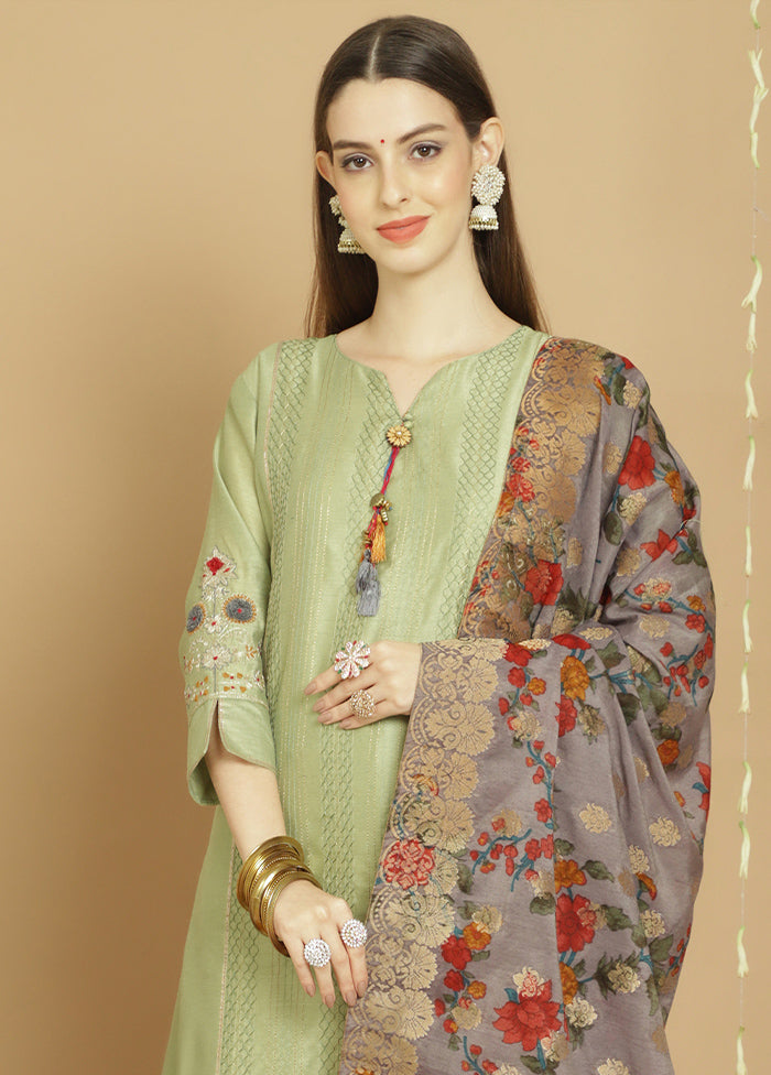 3 Pc Green Unstitched Chanderi Suit Set