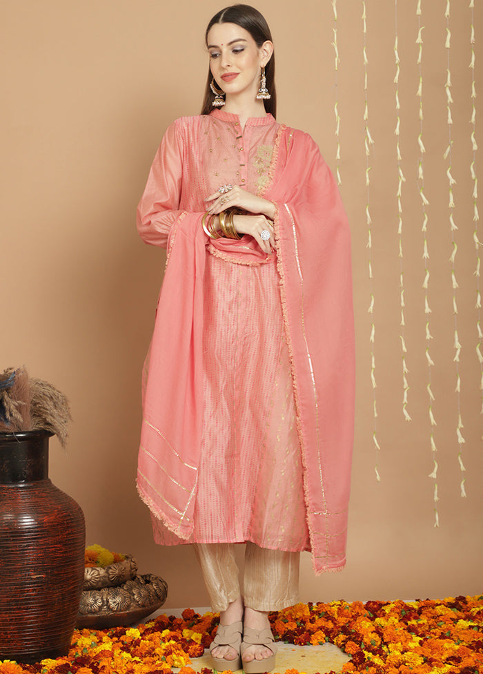 3 Pc Peach Unstitched Silk Suit Set